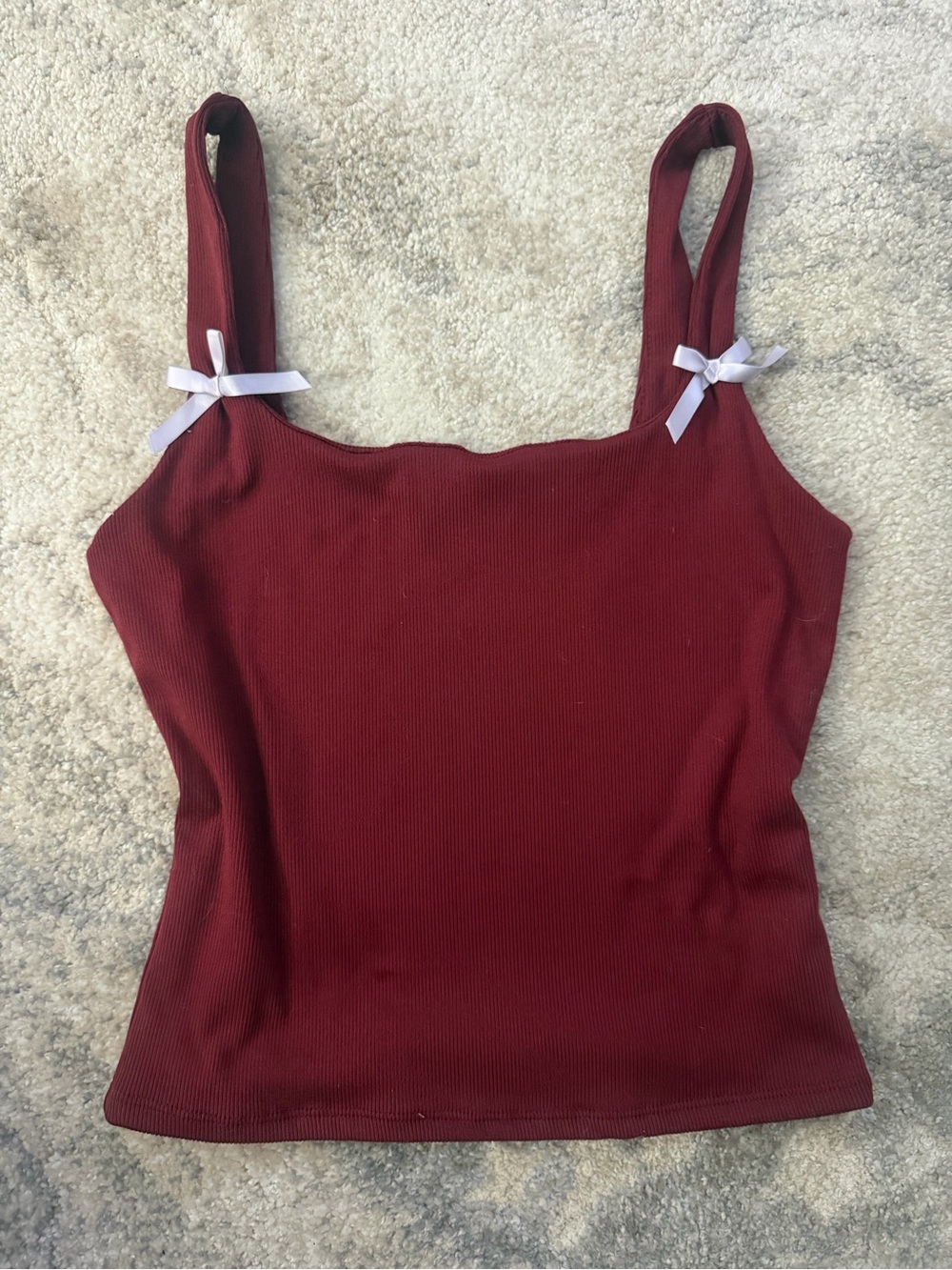 Women’s Ribbed Square-Neck Bow Tank Top - Burgundy